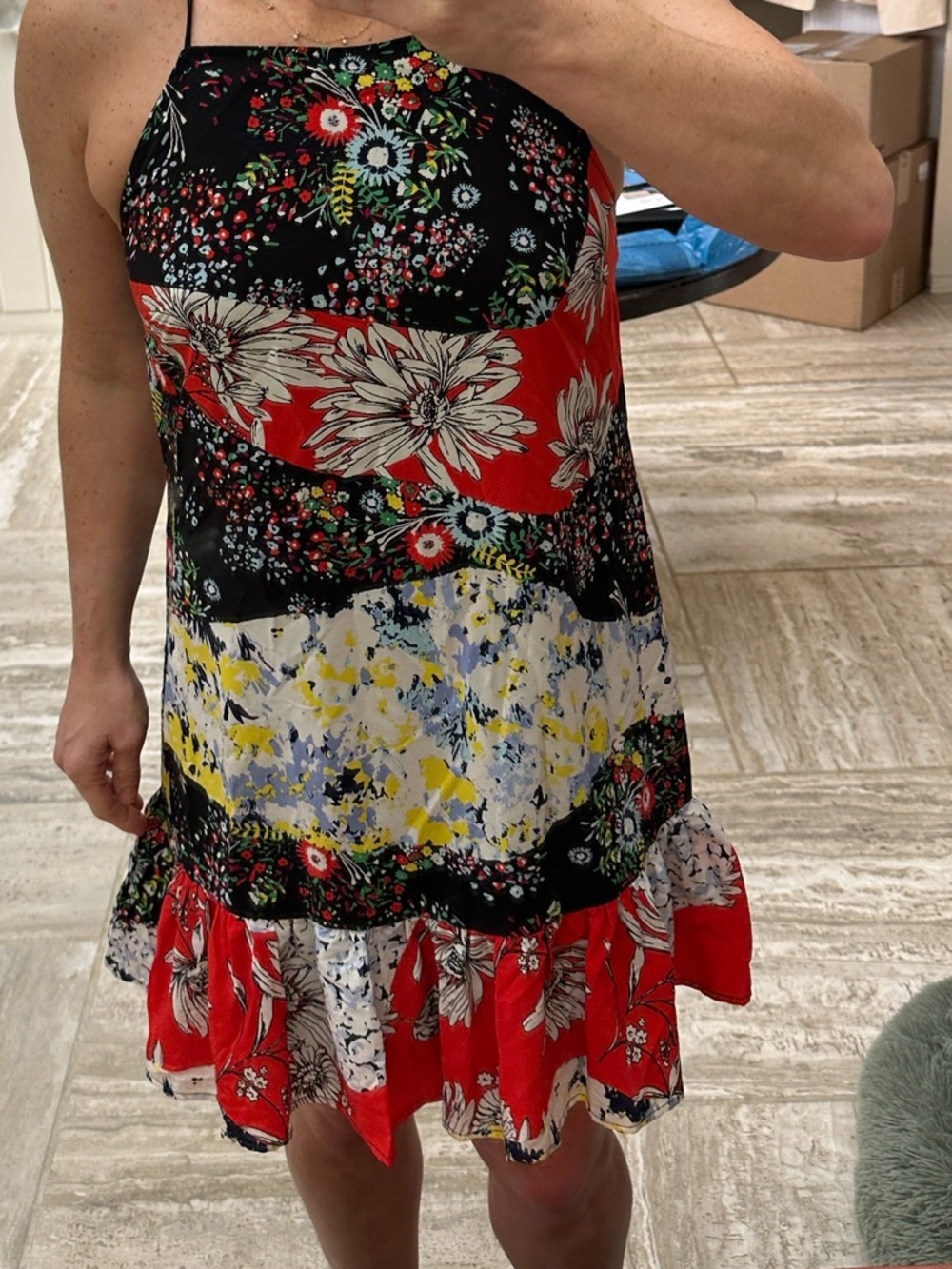 Nicole Miller patchwork flounce hem mini dress Black Red tie Straps cross back